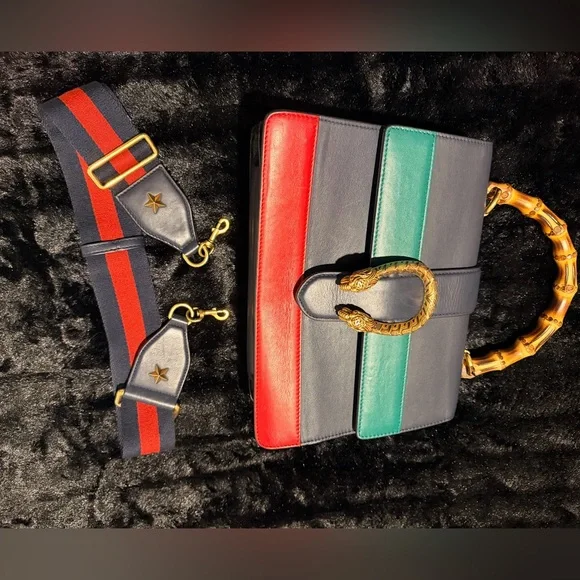 Gucci Navy and Red Shoulder Bag with Bamboo Handle - Picture 2 of 12